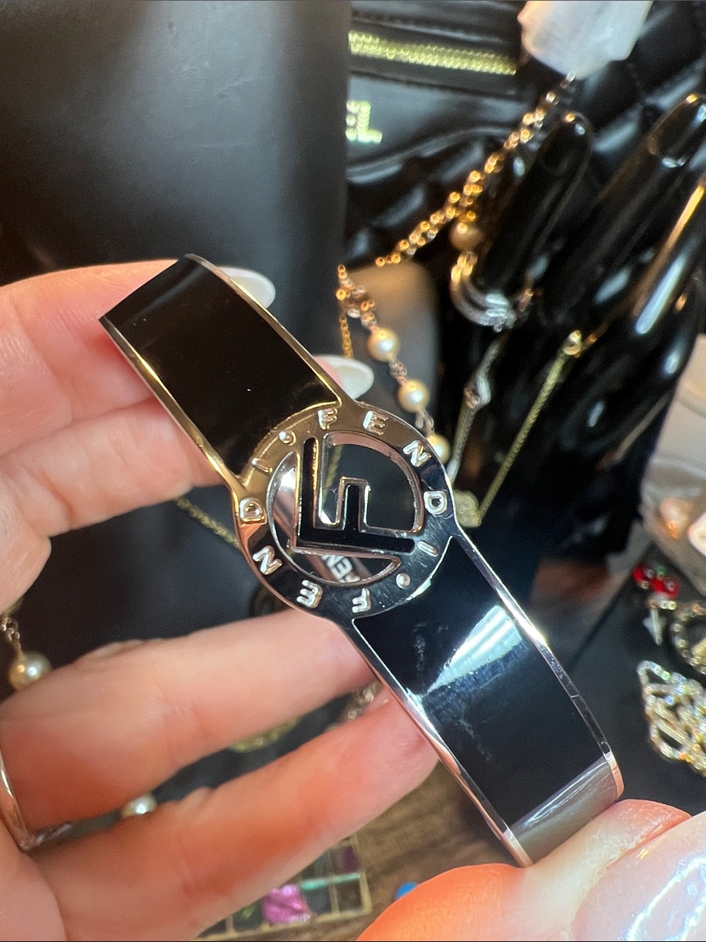 Black Enamel Logo Hinge Bangle Bracelet